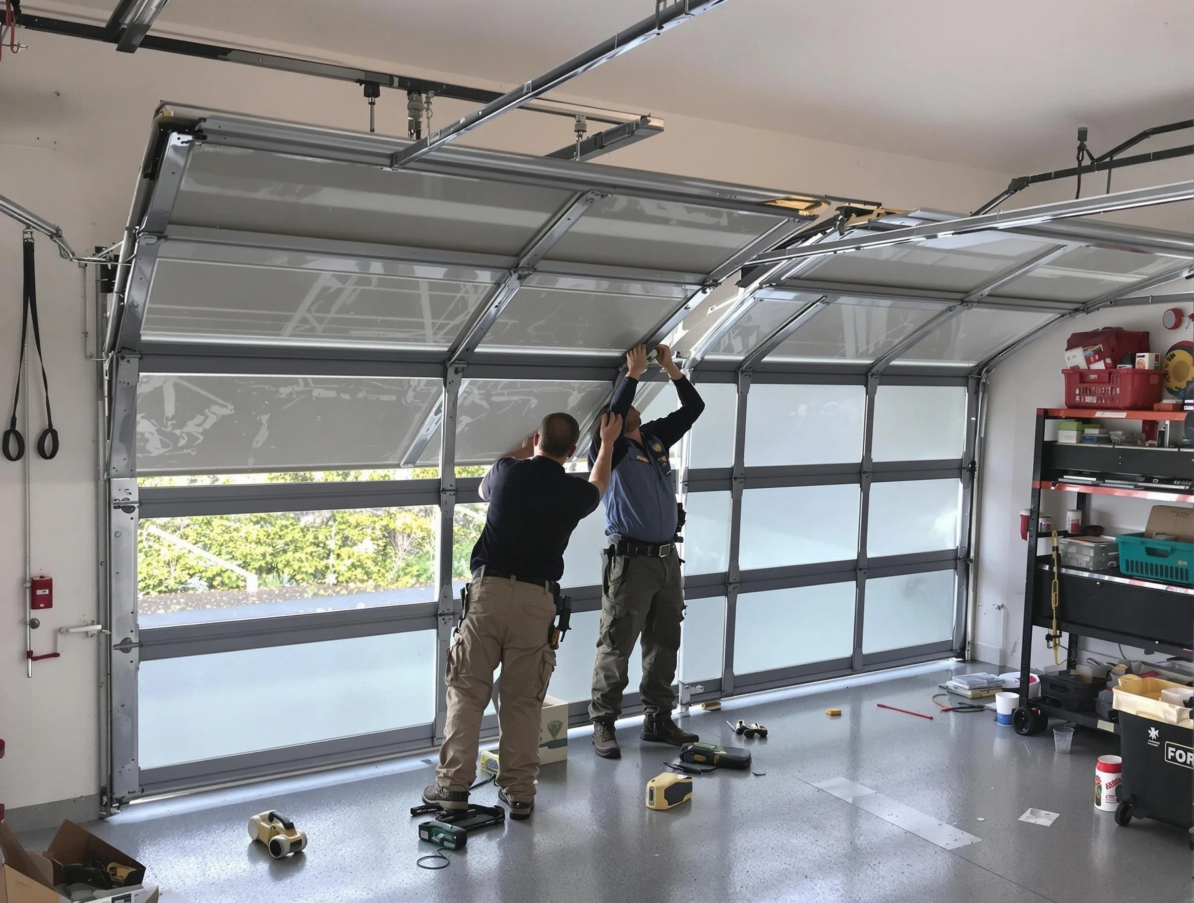 West Point Garage Door Repair expert performing precise panel replacement on West Point garage door